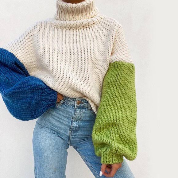 FORE Color-block Balloon Sleeve Cropped Chunky Knit Turtleneck Sweater - Picture 1 of 12